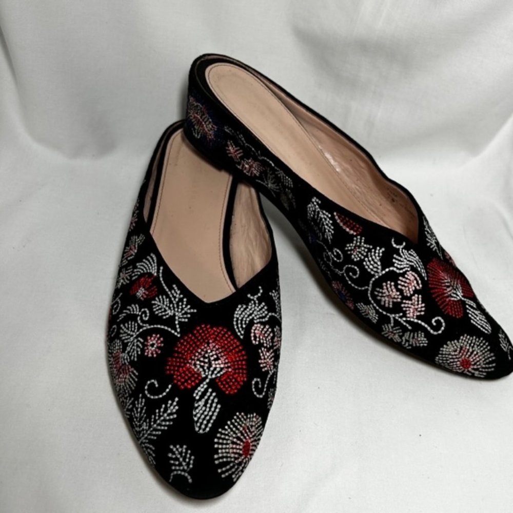 JOYCE AZRIA - Black Suede with Multi-Color Embroidered Mules